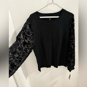 INC International Concepts Black Sweatshirt with Velvet Floral Sleeves